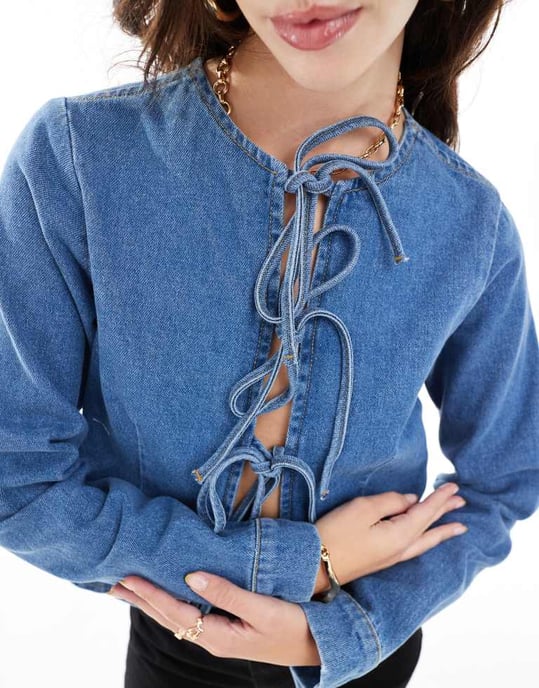 ASOS DESIGN denim long sleeve tie front top in mid blue - Image 2