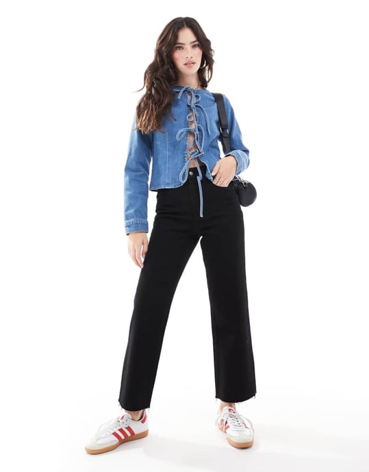 ASOS DESIGN denim long sleeve tie front top in mid blue - Image 3