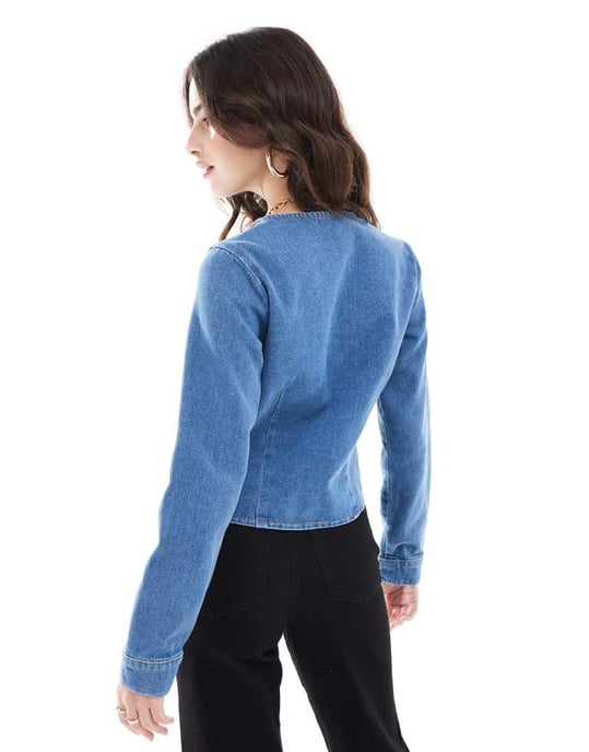 ASOS DESIGN denim long sleeve tie front top in mid blue - Image 4