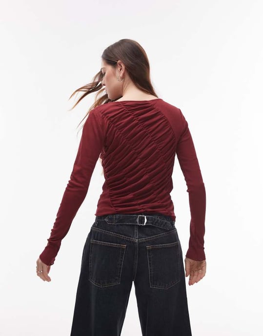 Topshop långärmad skräddarsydd topp i vinröd - Image 2