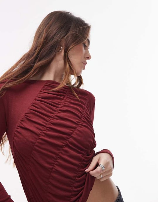 Topshop långärmad skräddarsydd topp i vinröd - Image 3