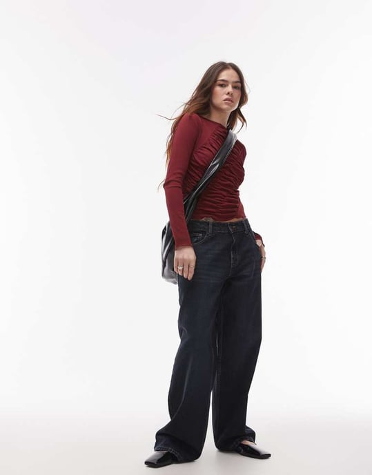 Topshop långärmad skräddarsydd topp i vinröd - Image 4