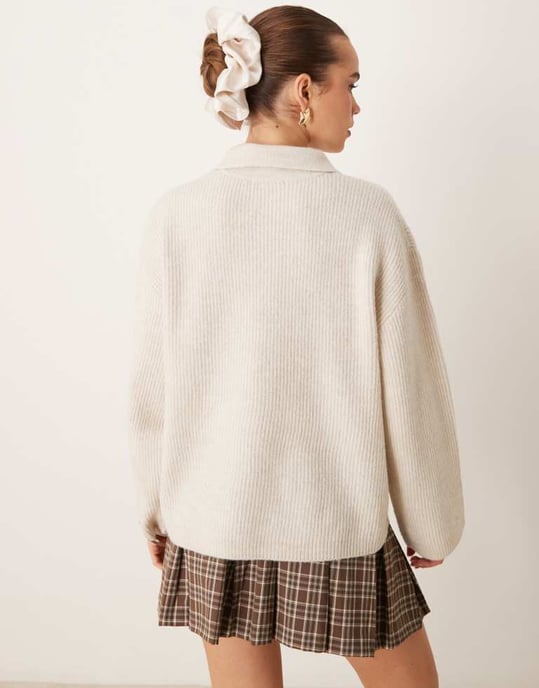 Gina Tricot knitted button polo collar long sleeve top in stone - Image 3