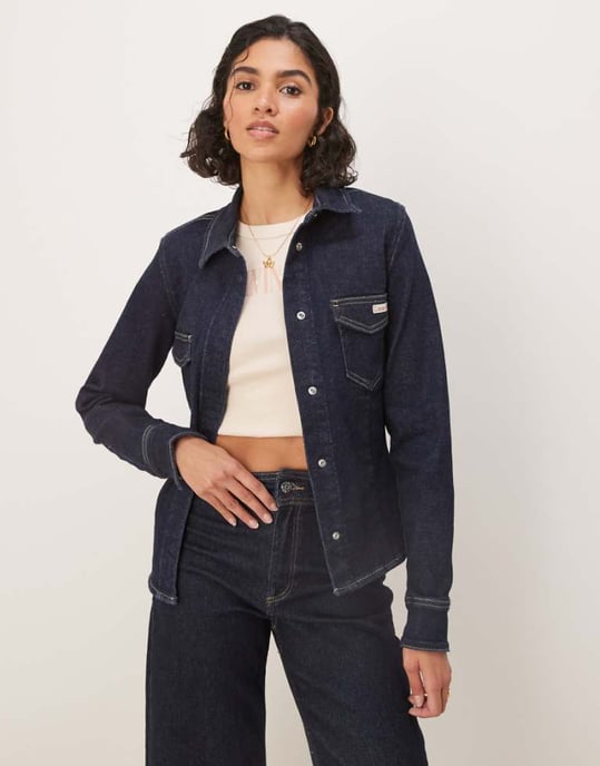 Calvin Klein Jeans structured denim top in dark wash - Image 1