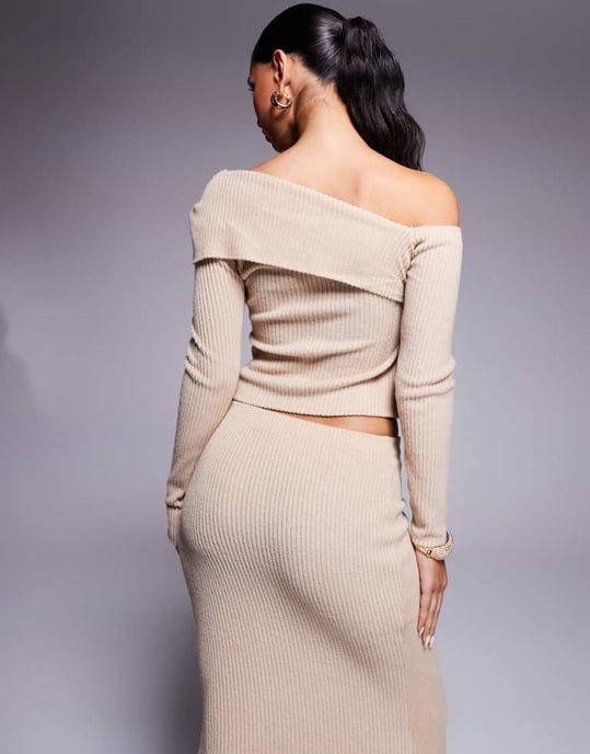 ASOS DESIGN co-ord borstad ribbad ensidig långärmad topp i sten - Image 4