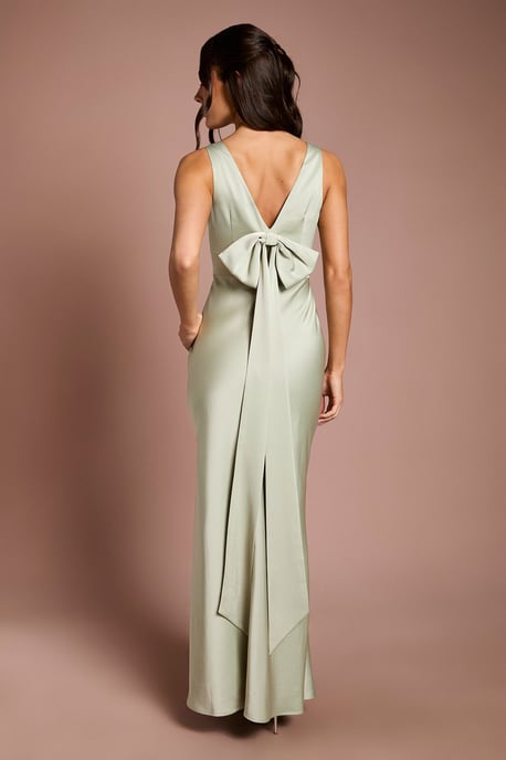 Square Neck Satin and Crepe Bridesmaid Dress with Bow Back - Image 3