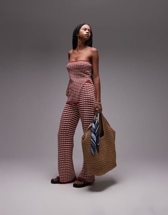 Topshop stickad randig bandeau co-ord i rostbrun - Image 2