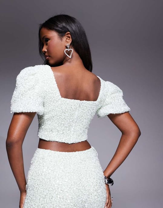 ASOS LUXE co-ord broderad texturerad puffärmsöverdel i mintgrön - Image 4