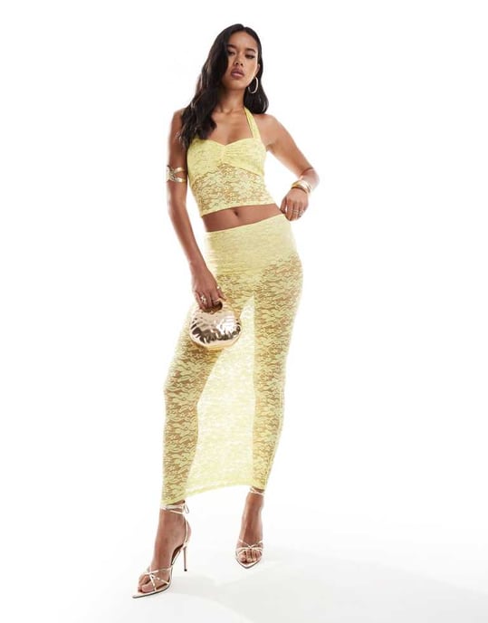 ASOS DESIGN koord ruched byst halterneck topp i gul spets - Image 2
