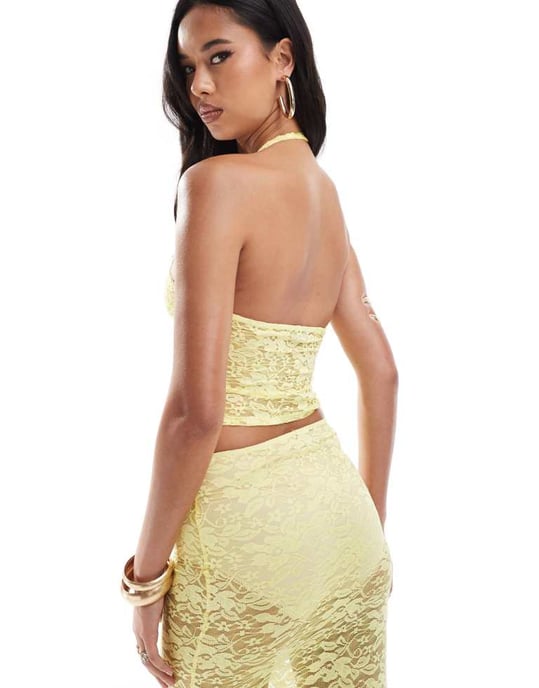 ASOS DESIGN koord ruched byst halterneck topp i gul spets - Image 3