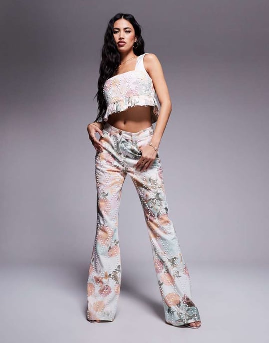 ASOS LUXE koord pärlade peplumtryckt denimtopp i blommönster - Image 4