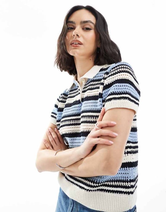 ASOS DESIGN kortärmad polo skjorta i blå rand - Image 1
