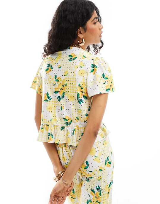 ASOS DESIGN broderad knytfront frill skjorta co-ord i gul citronprint - Image 4