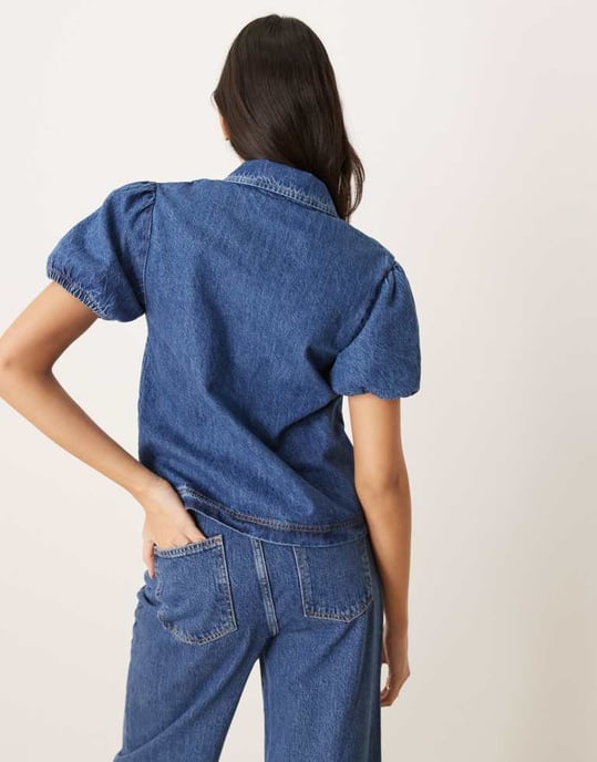 ASOS DESIGN skjorta med krage och puffärmar i mid blue - Image 4