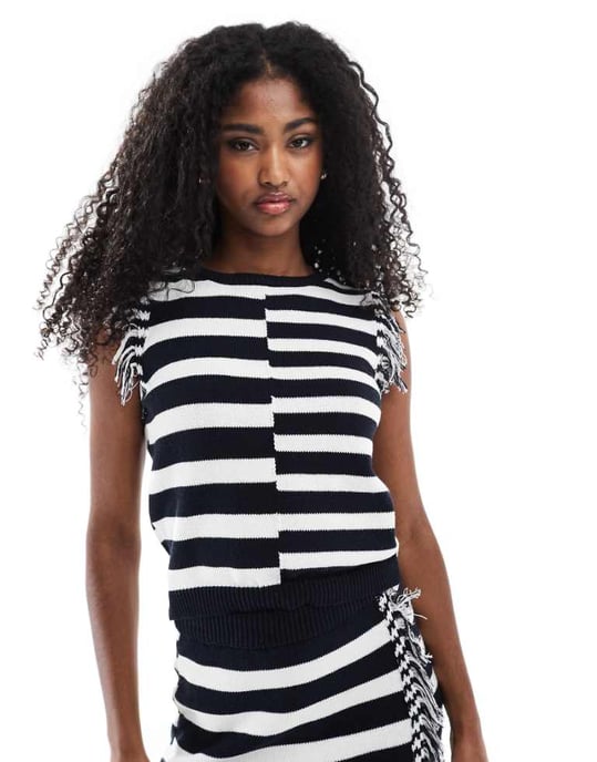 ASOS DESIGN stickad topp med fransar i monokrom rand - Image 1