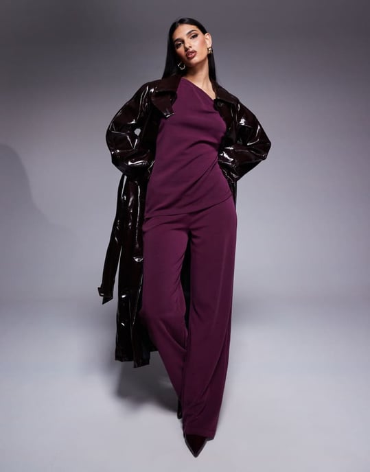 ASOS DESIGN co-ord asymmetrisk cupro-topp med knytdekor i druvfärg - Image 2