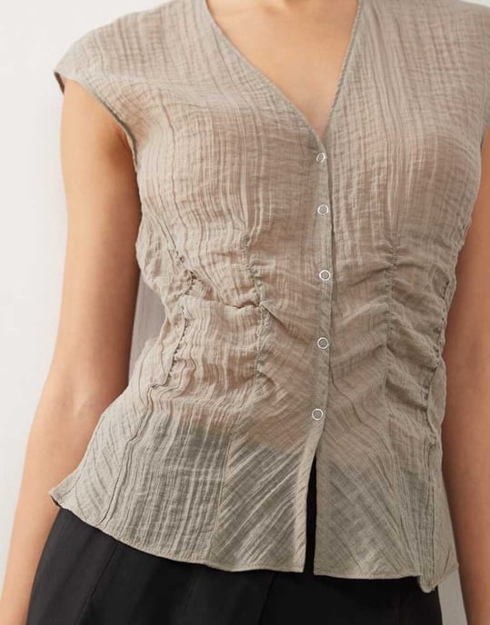 Weekday sheer sleeveless blouse top with v neck and corset waist detail in mole - Image 3