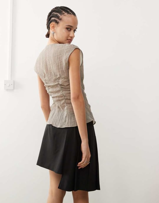 Weekday sheer sleeveless blouse top with v neck and corset waist detail in mole - Image 4