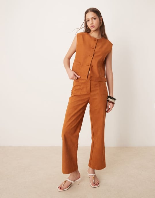 ASOS DESIGN faux suede cropped straight leg trouser co-ord in tan - Image 1