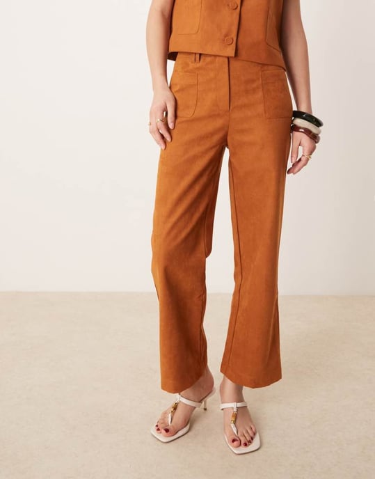 ASOS DESIGN faux suede cropped straight leg trouser co-ord in tan - Image 2
