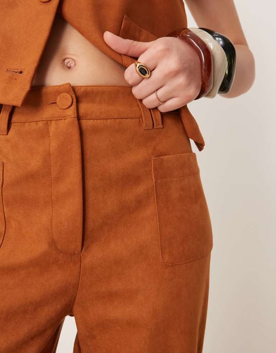 ASOS DESIGN faux suede cropped straight leg trouser co-ord in tan - Image 3