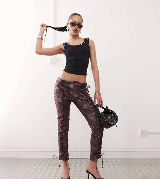 Labelrail x Jennifer McKing shimmer faux leather whipstitch trousers in burgundy - Image 1