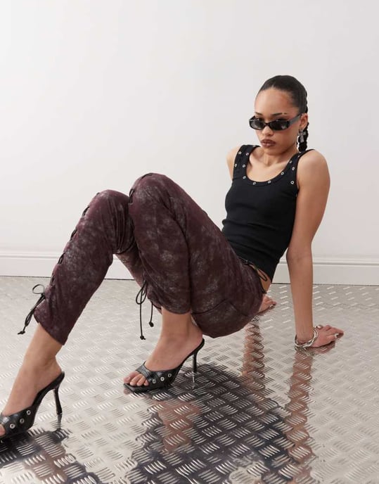 Labelrail x Jennifer McKing shimmer faux leather whipstitch trousers in burgundy - Image 2