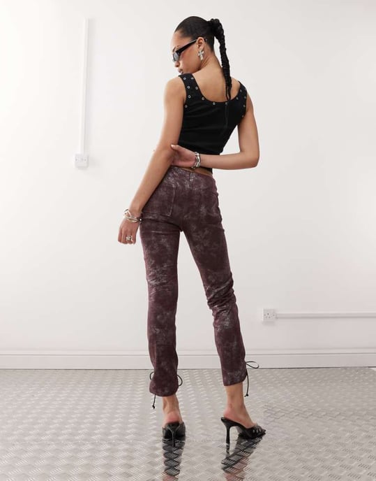 Labelrail x Jennifer McKing shimmer faux leather whipstitch trousers in burgundy - Image 3