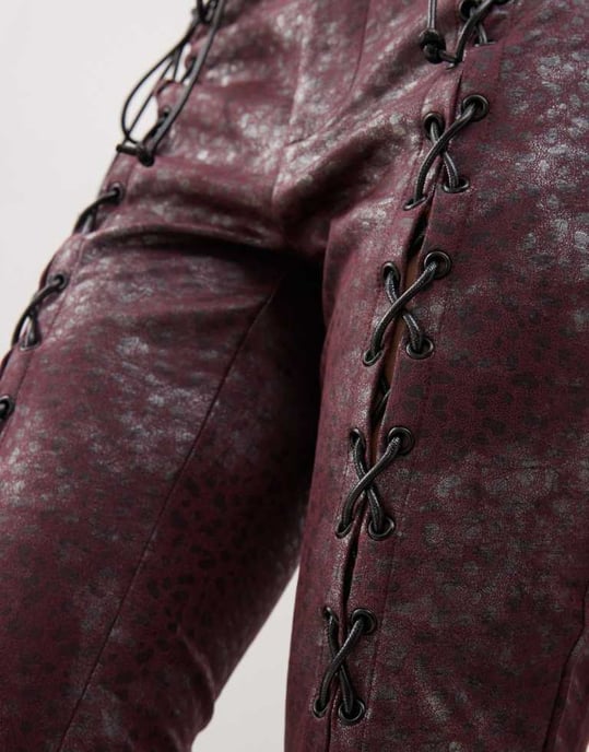 Labelrail x Jennifer McKing shimmer faux leather whipstitch trousers in burgundy - Image 4