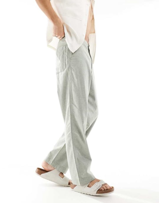 Hollister baggy flex waist linen trouser in textured khaki - Image 1