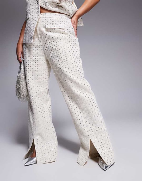 ASOS LUXE Curve co-ord embellished boucle trouser in cream - Image 4