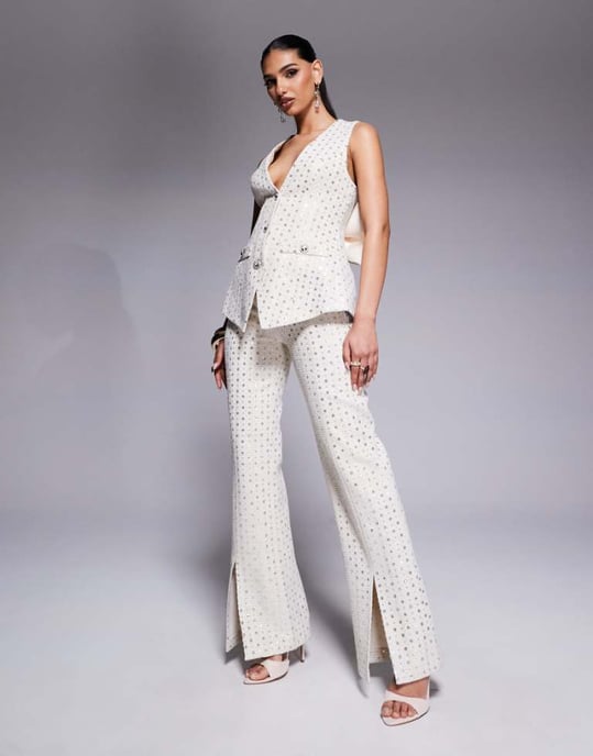 ASOS LUXE co-ord embellished boucle trouser in cream - Image 1