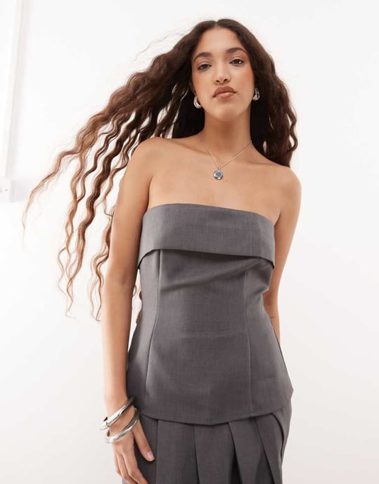 COLLUSION tailored long line bandeau co-ord in grey - Image 4