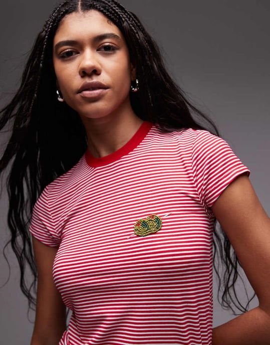 Topshop vardagströja med olivbroderi i rödrandig - Image 3