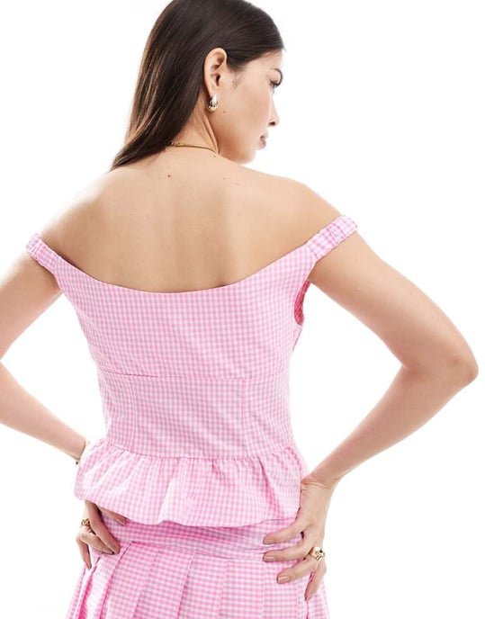 ASOS DESIGN button front off shoulder peplum top co-ord in pink gingham - Image 4