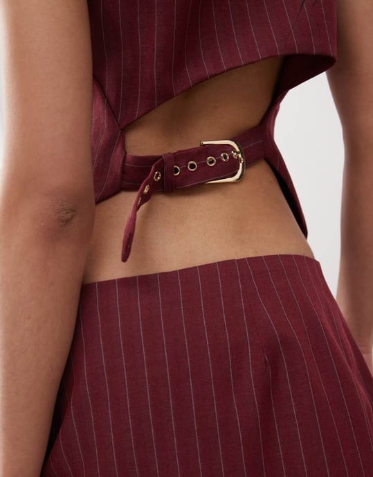 Labelrail x Jennifer McKing high collar tailored pinstripe waistcoat top co-ord in burgundy - Image 4
