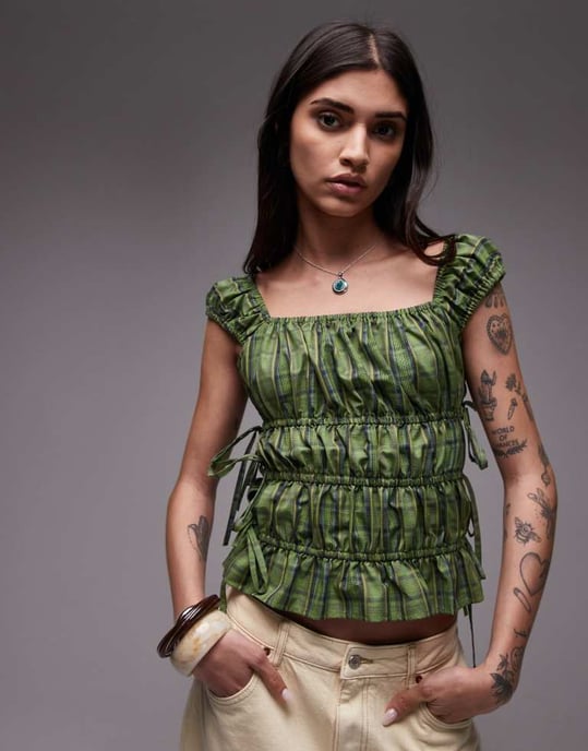Topshop rynkad flerfärgad topp med knytband i grön rutig design - Image 4