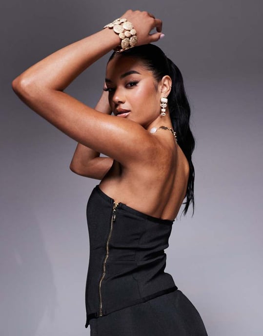 ASOS DESIGN co-ord bandage bandeau top with gold button detail in black - Image 4