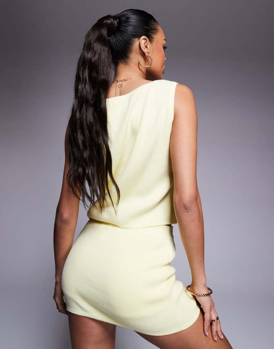 ASOS DESIGN compact knit slash neck top co-ord in buttermilk yellow - Image 3