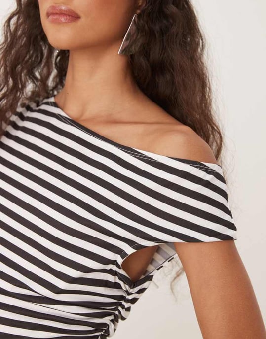 ASOS DESIGN korsett rynkad midja off shoulder topp i mono rand - Image 3