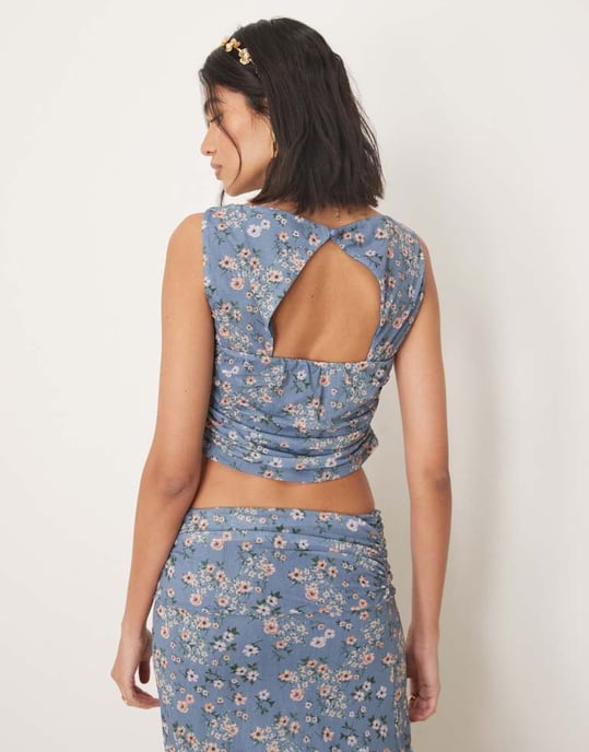 ASOS DESIGN co-ord backless ruched drape top in blue floral - Image 2