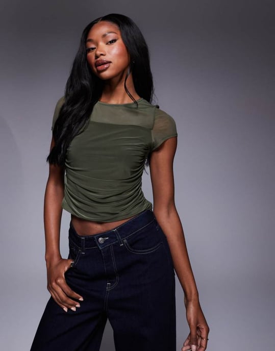 ASOS DESIGN mesh draped front short sleeve top in khaki - Image 1
