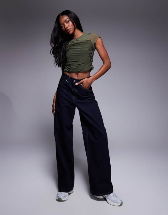 ASOS DESIGN mesh draped front short sleeve top in khaki - Image 2