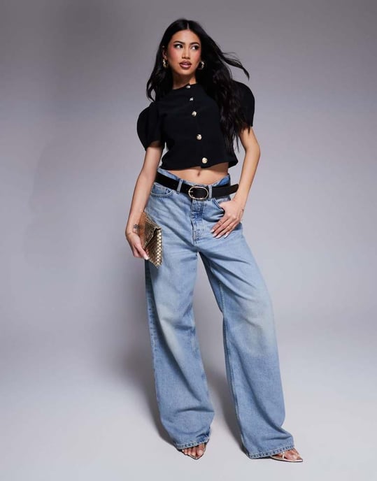 ASOS DESIGN ribbed puff sleeve structured button through top in black - Image 3