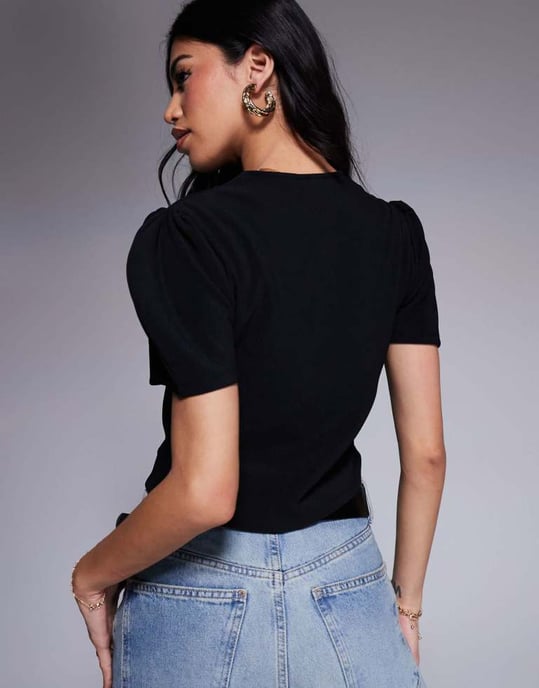 ASOS DESIGN ribbed puff sleeve structured button through top in black - Image 4