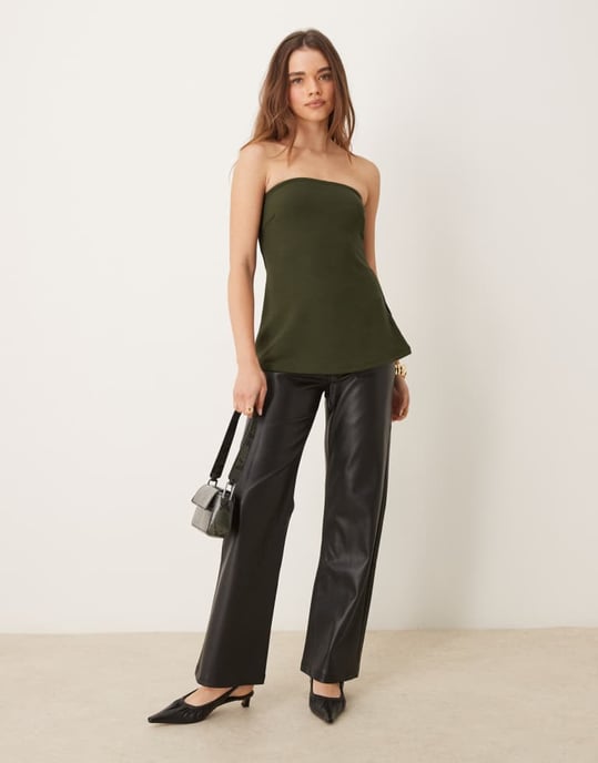 Gina Tricot lång linje bandeau-topp i khaki olivgrön - Image 4