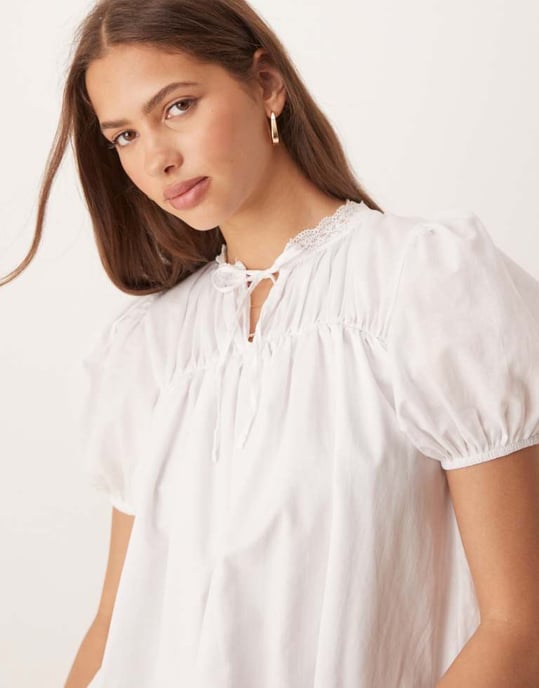 ASOS DESIGN cotton lace trim blouse in cream - Image 3