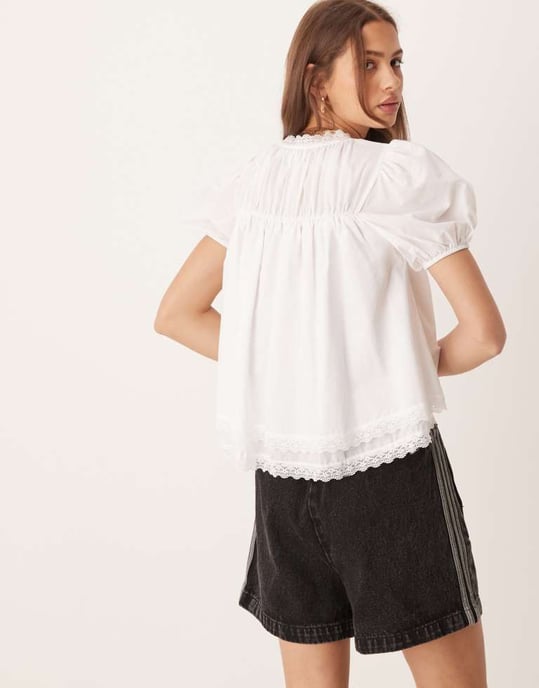 ASOS DESIGN cotton lace trim blouse in cream - Image 4