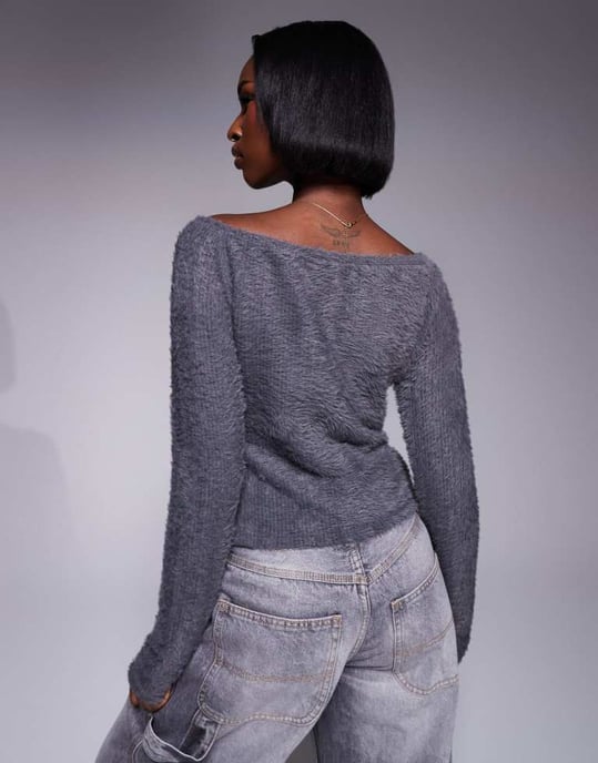ASOS DESIGN fluffy off shoulder top with silver trim in charcoal - Image 2