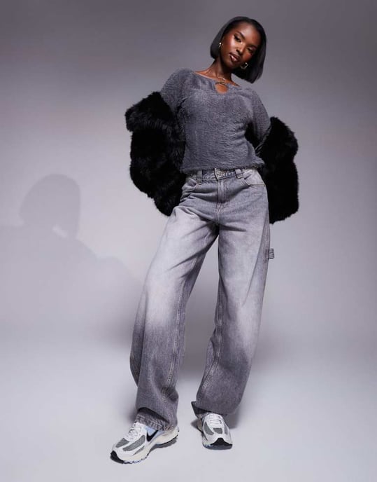 ASOS DESIGN fluffy off shoulder top with silver trim in charcoal - Image 3